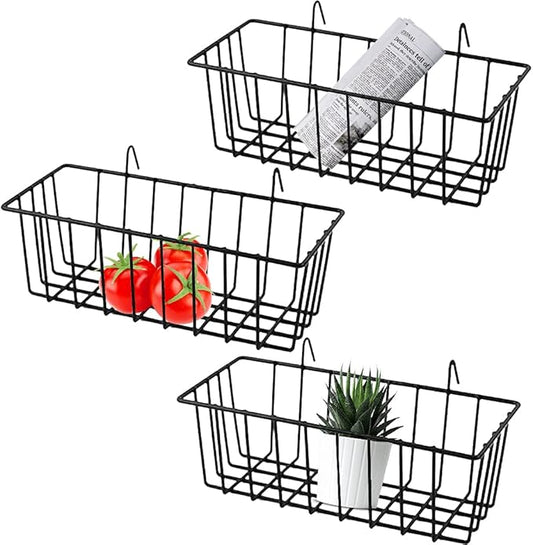 3 Pack Grid Panel Hanging Wire Basket, Storage and Display Basket for Wall, Kitchen, Home Decor Supplies, Potted Plants, Black