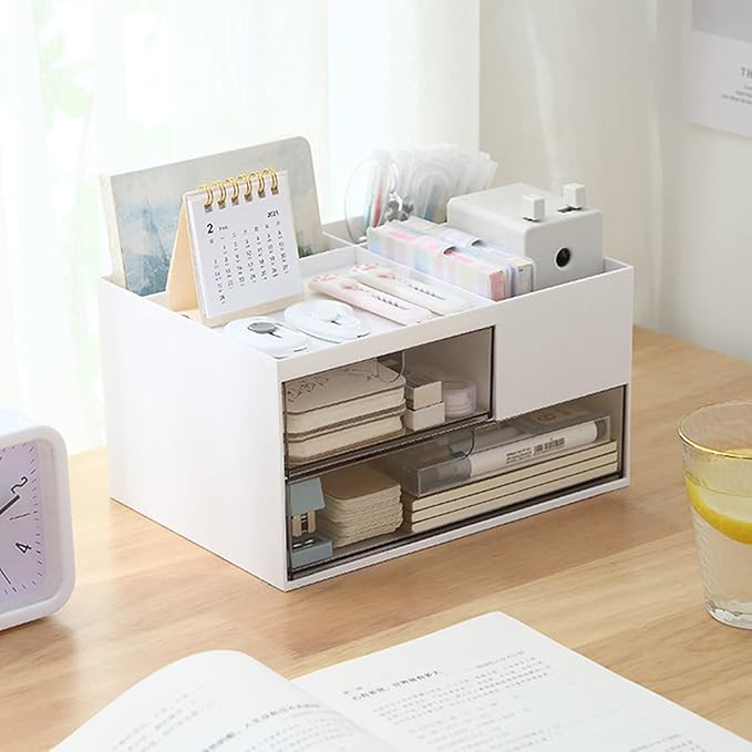 Makeup Organizer with 2 Drawers, Desk Organizer, 4 Compartments, Cosmetics Storage Box for nail polish,Lipstick, Brushes, Jewelry, Skincare, Bathroom Organization Boxes - White-NeatNest
