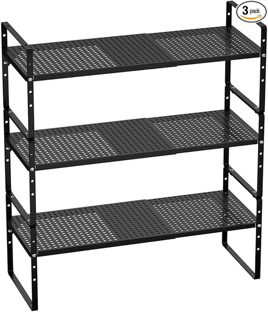 Cabinet Organizer Shelves,Expandable Spice Racks,Stackable Countertop Organizer,Adjustable Shelves for Under Sink,Storage Racks for Kitchen Bathroom Home Office,Black,3 Packs-NeatNest