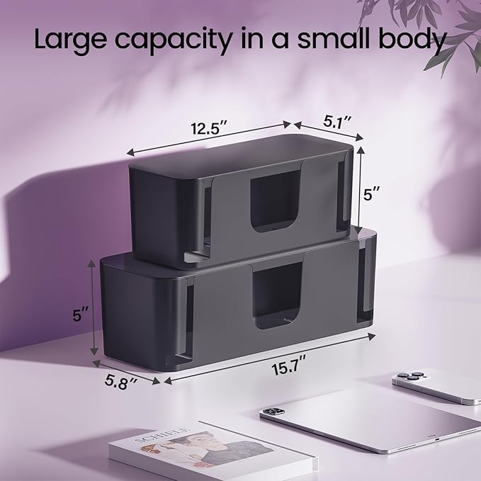 DELAMU 2 Pack Black Cable Management Box Cord Hider Box, Large Power Cord Organizer Box for Gaming Desk, Home, Office, Hide TV Wires, Computer Cables, Power Strip Cover Box, Baby & Pet Friendly