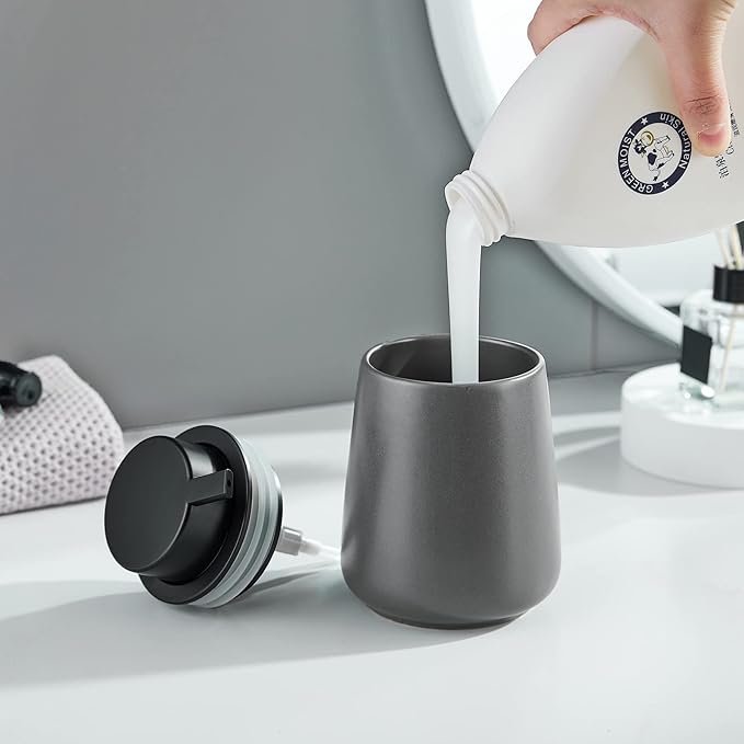 12Oz Grey Hand Soap Dispenser - Modern Ceramic Lotion Soap Dispenser with Easy-to-Press Black Pump, Reusable and Refillable Liquid Soap Dispenser for Bathroom, Dish Soap Dispenser for Kitchen-NeatNest