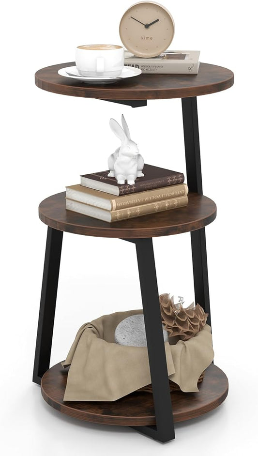 Giantex Round End Table, Industrial Side Table with Sturdy Metal Frame, Coffee Table, 3-Tier Bedside Table for Bedroom, Living Room, Couch, Accent Table for Small Spaces, Rustic Brown (1)