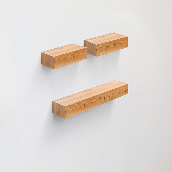 Floating Wall Shelves Set of 3 – MDF Wood Wall Mounted Shelf for Living Room, Bedroom, Bathroom, Office – Decorative Storage Racks for Plants, Photos, Books (Natural Wood, Large Set)