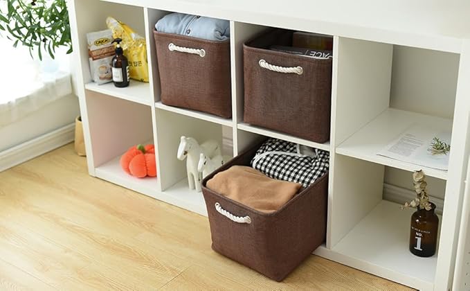 TheWarmHome Organization and Storage Basket for Shelves - 3 Pack 16x12x12 inch Fabric Storage Cubes, Cube Storage Bin for Organizing Closet Cloth Organizer Gift Toy (White & Brown)-NeatNest