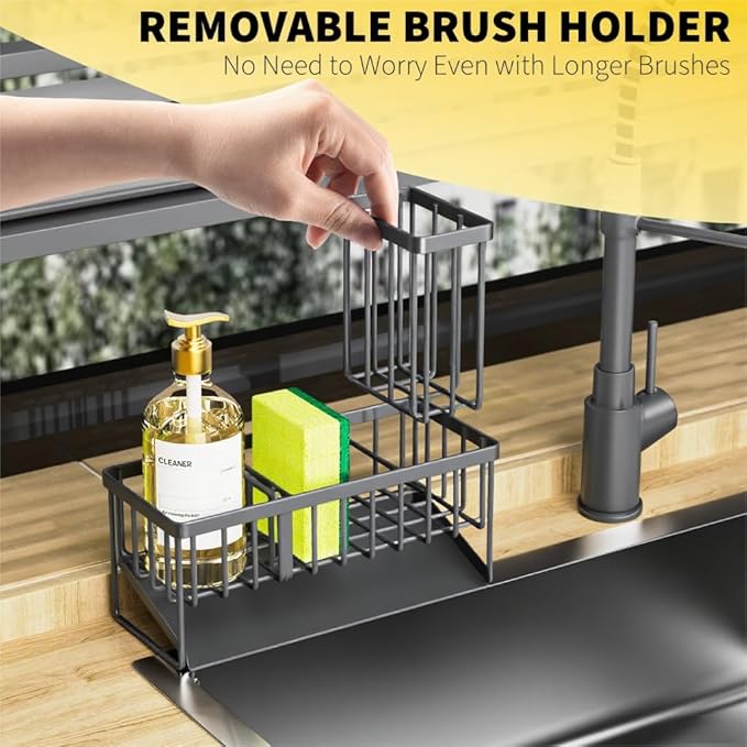 Cisily Sink Caddy Organzier with High Brush Holder, Sponge Holder for Sink, 304 Rustproof Stainless, Kitchen Countertop Soap Dispenser Organizer, Dark Gray Kitchen Decor and Accessories-NeatNest