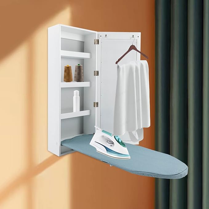 Ironing Board Cabinet Wall Mounted, Cabinet with Built-in Ironing Board, Foldable Ironing Storage Station with Mirror for Home, Apartment & Small Spaces, Easy-Release Lever