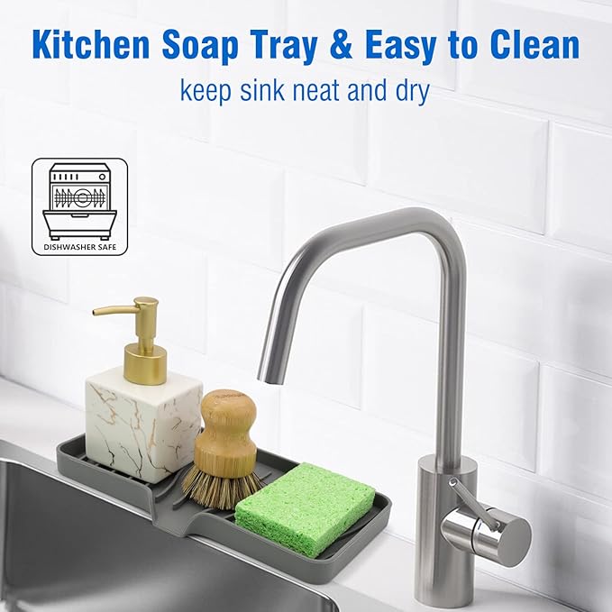 3-Pack Silicone Soap Dish, Sponge Holder for Sink, Kitchen Soap Tray, Bathroom Soap Holder, Sponge Tray with Drain (Grey)-NeatNest