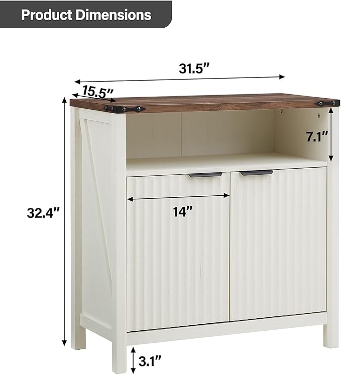 32 Inch Fluted Sideboard Buffet Cabinet with Storage, Modern Farmhouse Accent Credenza with Adjustable Shelves, Coffee Wine Bar Organizer for Kitchen, Entryway, Living Room (Antique White)