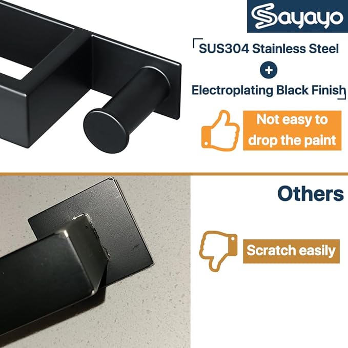 Sayayo Self Adhesive Towel Bar with Hook, 12 Inch Matte Black Towel Rack for Bathroom, Stick on Towel Holder Hand Towel Ring SUS304 Stainless Steel, 2.4 Inch Wide