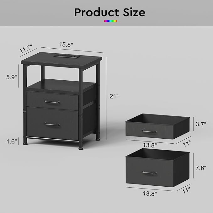 Black Nightstand with Charging Station, LED Night Stand with 2 Fabric Drawers, Side Table with Open Shelf, End Table with Outlets and USB Ports, 2 Drawer Dresser for Bedroom, Easy Assembly-NeatNest