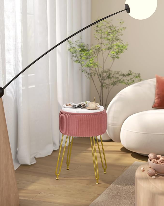 IBUYKE Velvet Storage Footrest Stool Ottoman, Makeup Vanity Stool Side Table with Golden Steel Legs Removable Cover, Coffee Table Top Cover, Pink LG-20P