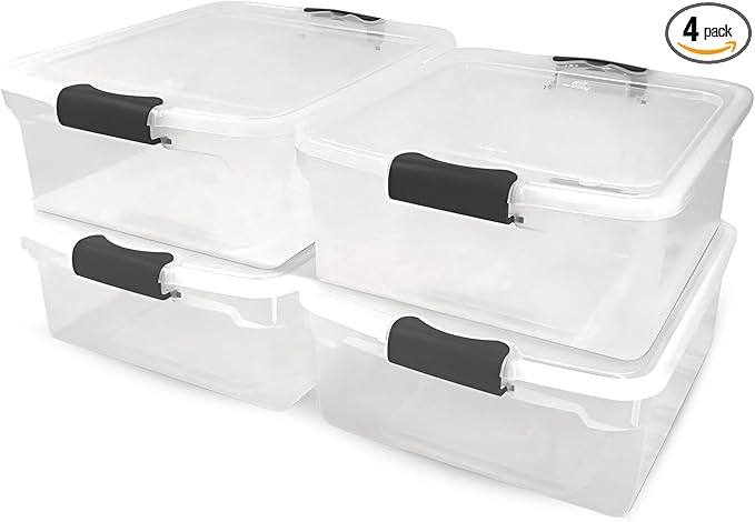 HOMZ 4-Pack Latching Lid, Clear Plastic Storage Organizer Bins, 15.5 Quart, Gray Latch - Stackable Organizing Containers for Home, Garage, and Office