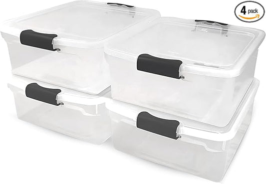 HOMZ 4-Pack Latching Lid, Clear Plastic Storage Organizer Bins, 15.5 Quart, Gray Latch - Stackable Organizing Containers for Home, Garage, and Office