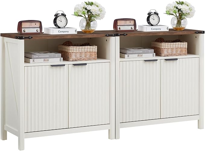 32 Inch Fluted Sideboard Cabinet with Open Shelf & Adjustable Shelves Set of 2, Modern Farmhouse Storage Cabinet for Kitchen, Entryway, Living Room, Coffee Bar Organizer (Antique White)