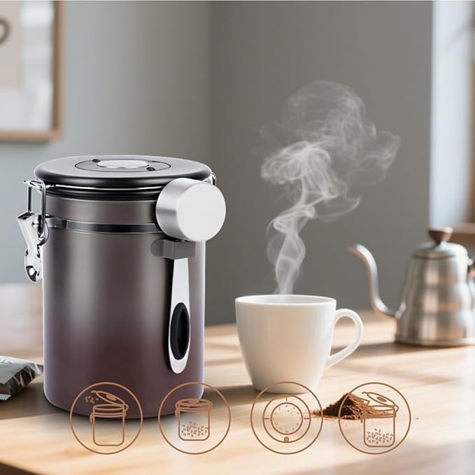 Coffee Canister Airtight Storage Container Stainless Steel Coffee Jar with Scoop,Date Tracker CO2 Release Valve for Dry Food Beans Ground Tea Flour Cereal and Sugar (1.8L Grey-Brown With Spoon)-NeatNest