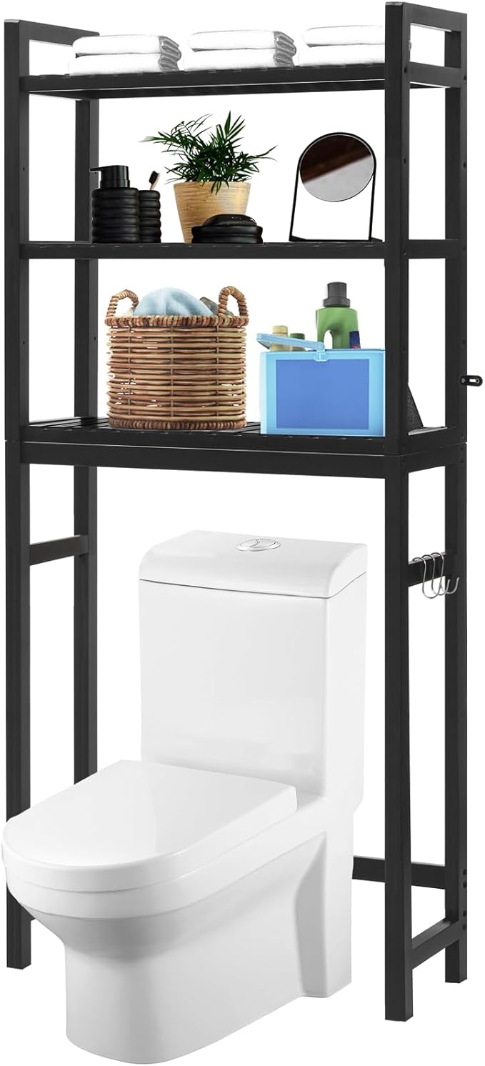 HITOMEN Over The Toilet Storage Cabinet, Bamboo Adjustable 3-Tier Above Toilet Shelf, Stable Freestanding Above Toilet Organizer with 3 Hooks for Bathroom Restroom Laundry Balcony, Black 67" H