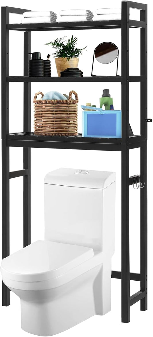 HITOMEN Over The Toilet Storage Cabinet, Bamboo Adjustable 3-Tier Above Toilet Shelf, Stable Freestanding Above Toilet Organizer with 3 Hooks for Bathroom Restroom Laundry Balcony, Black 67" H