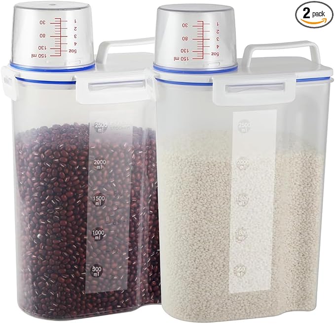 2 set 3-5 LB Rice Storage Bin Flour Cereal Containers Dispenser with BPA Free + Measuring Cup + Pour Spout - Perfect for Rice Flour Baking Supplies Pet Dog Food Storage