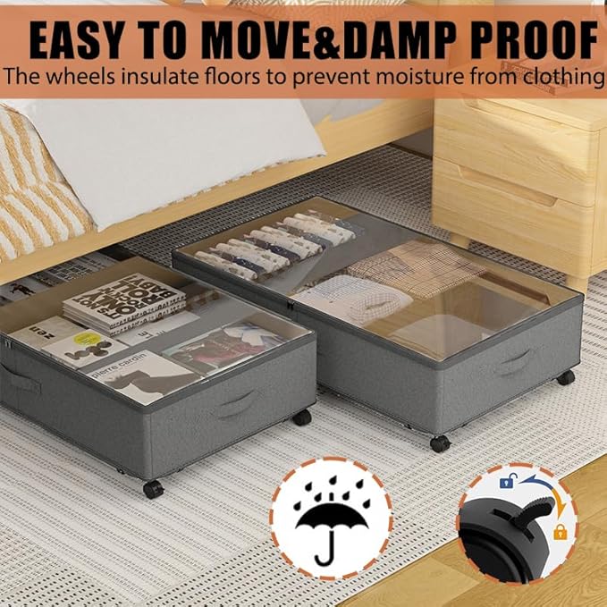 2 Pack Under Bed Storage Rolling Metal Frame Underbed Containers with Wheels Lid Visiable Window Storage Bag Box Organizer Home Closet Organization Drawer Bins for Clothes Shoes Toys Blanketss Grey-NeatNest