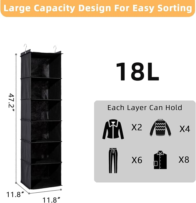 2 Packs Hanging Closet Organizer, 6-Shelf Closet Organizers and Storage with Side Pockets, Collapsible Hanging Shelves for Closet & RV & College Dorm,Black-NeatNest