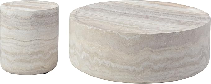 Coffee Table and Side Table Set, Round Faux Marble Coffee Table Set of 2 for Living Room, Luxury Circle End Table Modern Drum Center Tables for Apartment Office