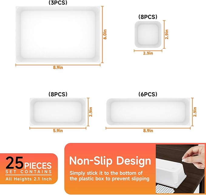 25 pc Plastic Drawer Organizer Set,4 Size Small Storage Containers for Organizing Jewelry,Utensil,Junk,Tea,Makeup,Shallow Drawer Organizers Tray Suitable for Office,Desk,Bathroom,Vanity,Kitchen,White-NeatNest