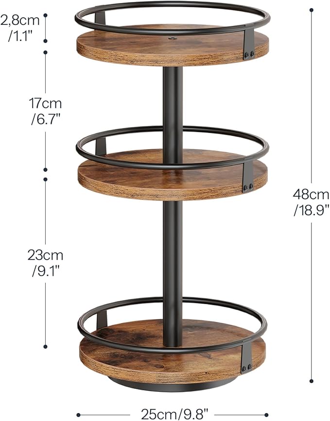 HOOBRO 3-Tier Lazy Susan Organizer, Rotating Spice Rack, Turntable Spice Rack, Vertical Storage Organizer, for Kitchen Countertop, Vanity, Dining Table, Rustic Brown and Black BF09TL01-NeatNest