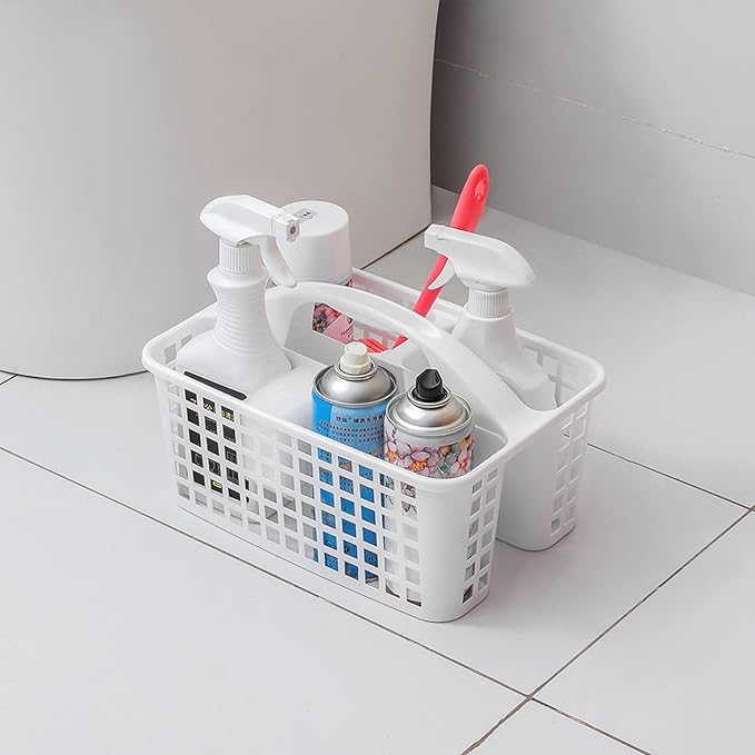 JiatuA Portable Shower Caddy Basket with Compartments Cleaning Supplies Organizer with Handle Plastic Storage Divided Tool Bin for Bathroom, Bedroom, Kitchen, College Dorm, Garden, Under Sink, White