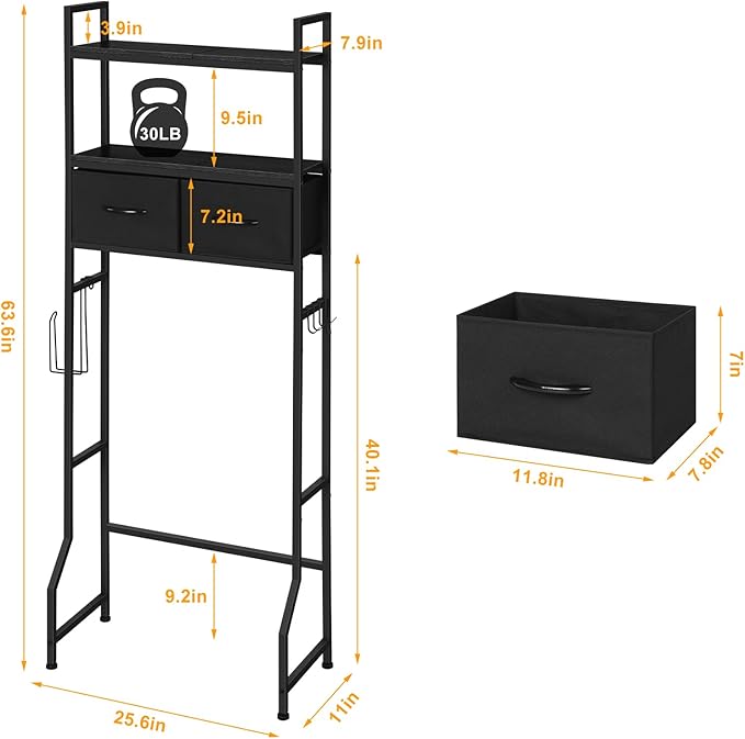 ETELI Over The Toilet Storage Bathroom Cabinet 3 Tier Freestanding Over Toilet Storage Cabinet Shelf Space Saving Behind Above Toilet Bathroom Organizer with Fabric Drawers, Black