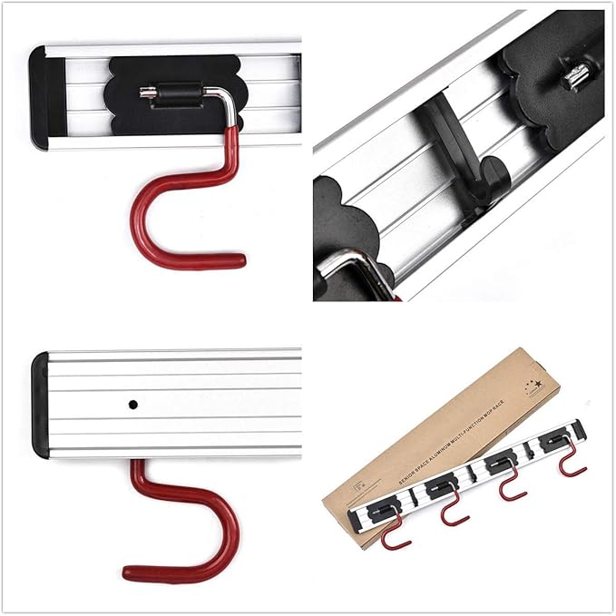 QBOSO Wall Mounted Mop and Broom Holder Stainless Steel S Type Broom Rack Anti-Slip Mop Organizer (17 Inches,4 Positions 3 Hooks, Red black)-NeatNest
