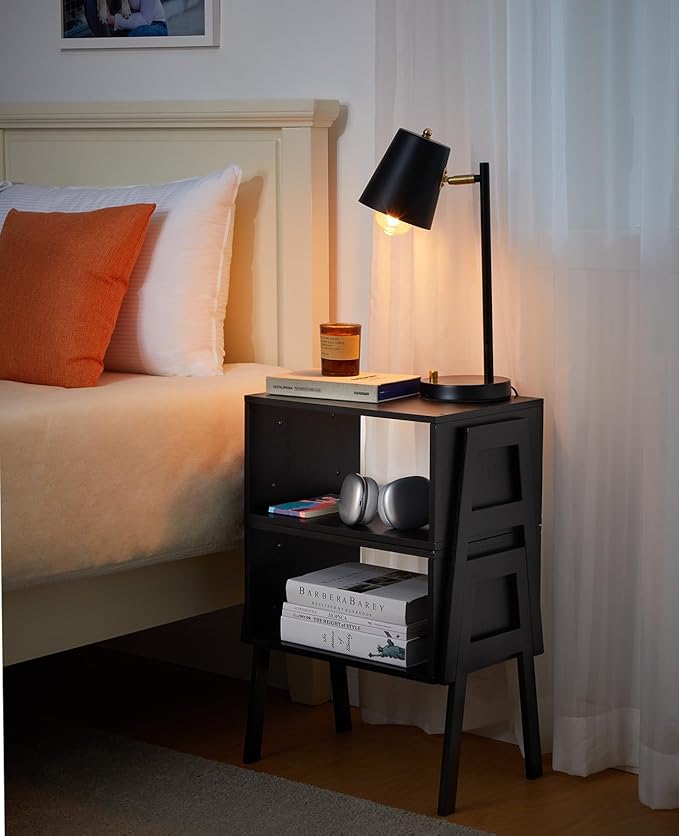 Pipishell Bedside Tables, Stackable Bamboo Nightstands, Bamboo Side Tables for Bedroom & Living Room, End Table Night Stands, Set of 2, Black,PIET01B