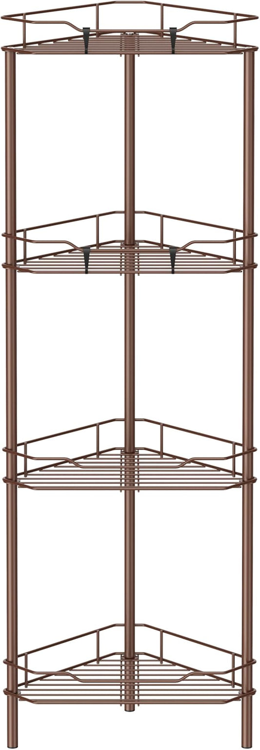 4 Tier Floor Standing Corner Shower Caddy Organizer Shelf with Hooks, Bathroom Shelves Stand Rack, Coffee