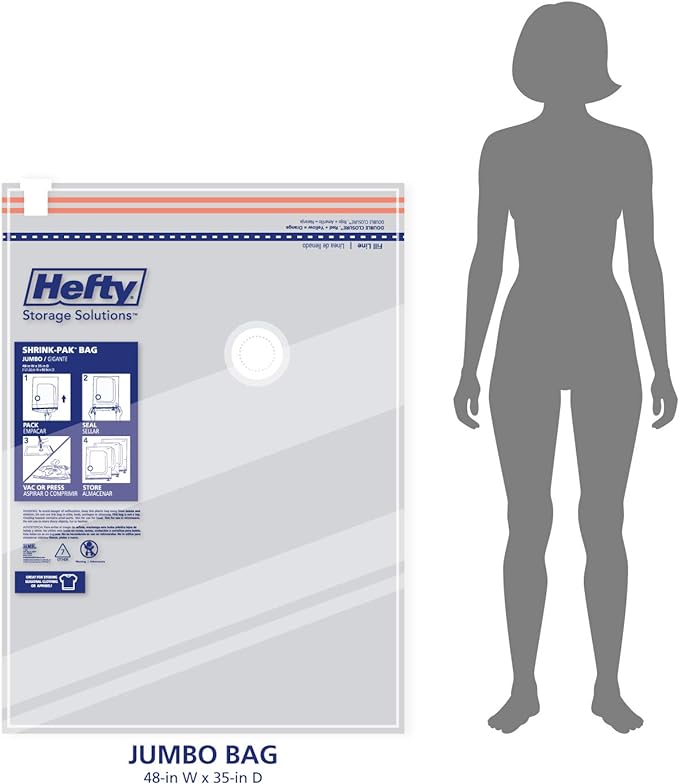 Hefty Shrink-Pak Vacuum Storage Bags - Space Saver for Under Bed Storage, Clothing and Comforters, Odor Resistant, 3X More Storage Space - 3 Jumbo Bags-NeatNest