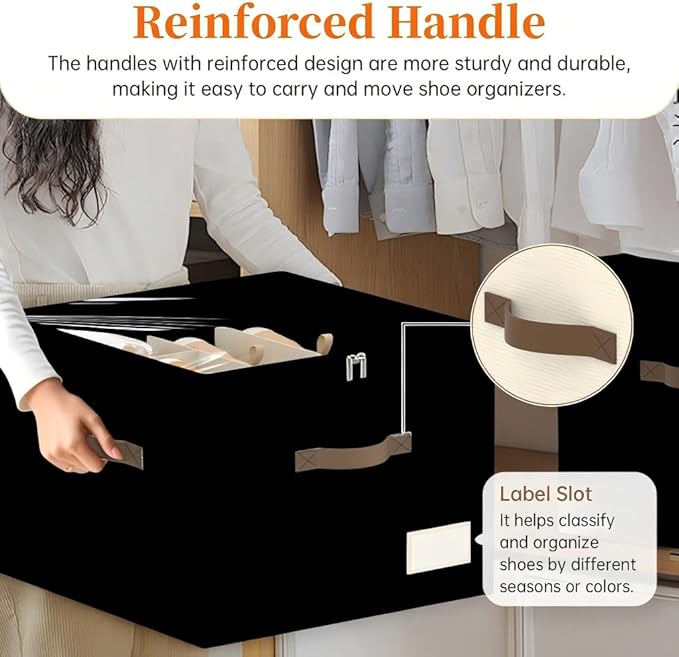 3 Pack Shoe Organizer for Closet, Foldable Shoe Storage Containers, Fits up to 24-48 Pairs, Shoe Storage Organizer Box Cubby Baskets Bins with Clear Cover and Reinforced Handles, Black-NeatNest