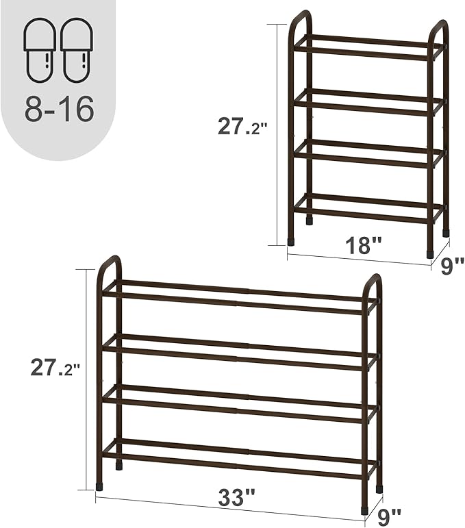 Expandable Shoe Rack, Adjustable Shoes Organizer Metal, Space-Saving Storage Shelf for Closet, Entryway, Front Door & Hallway,Sturdy and Easy Assembly (Brown, 4-Tier)