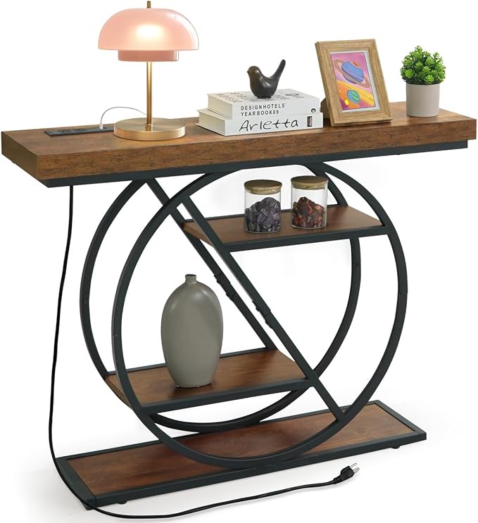 CAPHAUS 41” Unique Design 4-Tier Industrial Thick Sofa Console Table w/Storage & Charging Station, Entrance Tableau w/ 2 Outlets, USB & Type-C Ports for Living Room, Hallway, Rustic, Hourglass-NeatNest