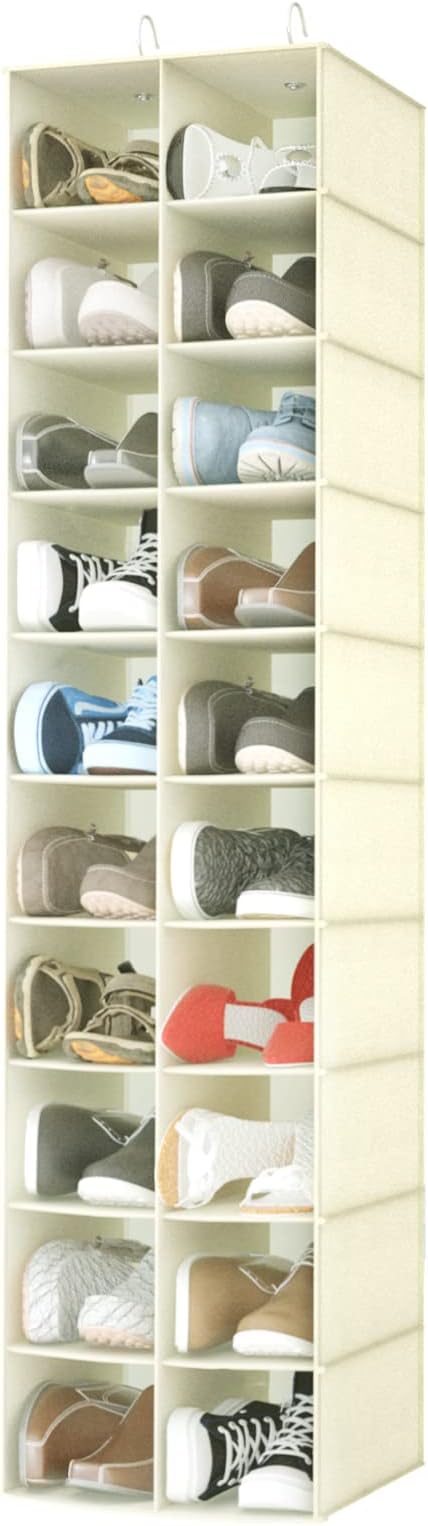coastal rose Hanging Shoe Organizer for Closet, 20 Sections Hanging Closet Organizers and Storage Shelves, Space Saving Shoe Storage Rack Holder, Beige, 12''W×12''Dx 50''H-NeatNest