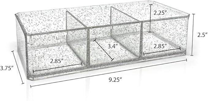 Isaac Jacobs Clear Acrylic 3 Section Organizer- Three Compartment Drawer Tray and Storage Solution for Office, Bathroom, Kitchen, Supplies, and More (Silver Glitter)