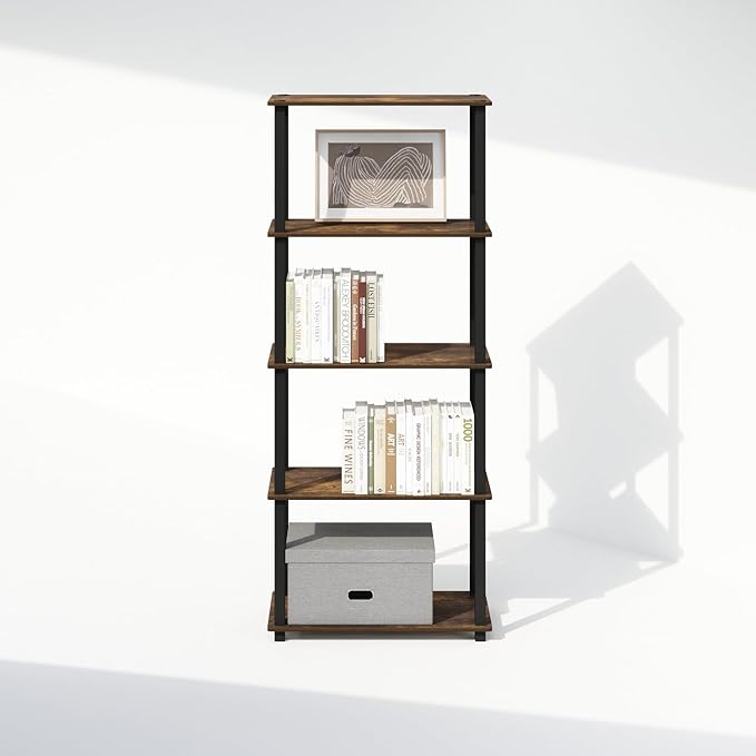 Furinno Turn-S-Tube 3-Tier Compact Multipurpose Shelf Display Rack with Square Tube, Amber Pine/Black, Set of 2-NeatNest