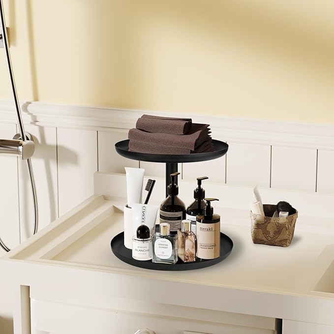 IBERG 2-Tier Metal Lazy Susan Organizer, Black, 9"&10" - Modern, Rotating Spice Organizer for Kitchen & Pantry