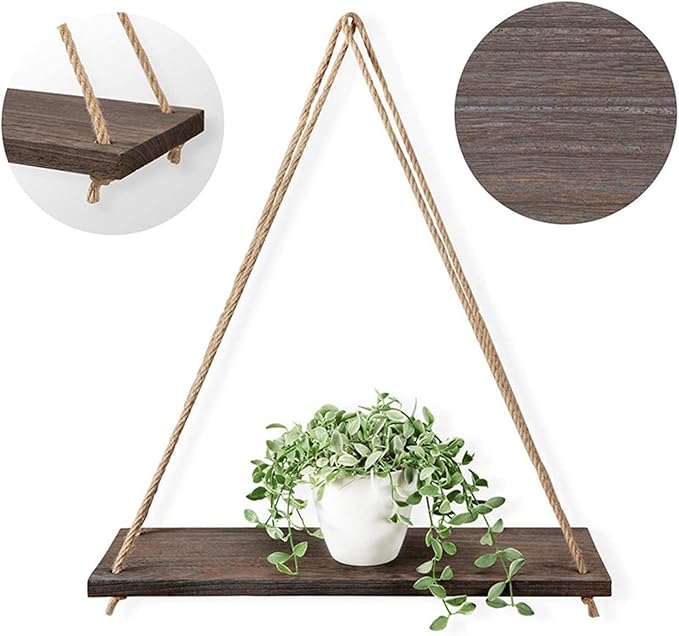 Hanging Shelves for Wall Wooden Floating Shelves Plant Shelf Macrame Rope Triangle Shelf, Natural Reclaimed Wood, Farmhouse Rustic Modern Aesthetic, Boho Dorm Living Room Bedroom Decor-Beige-NeatNest