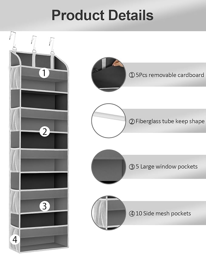 2 Pack Over The Door Storage Organizer with 5 Pockets 10 Mesh Side Pockets, 44 lbs Weight Capacity Door Hanging Organizers and Storage for Bedroom,Bathroom,Nursery,Pantry,Dorm(Dark Gray)-NeatNest