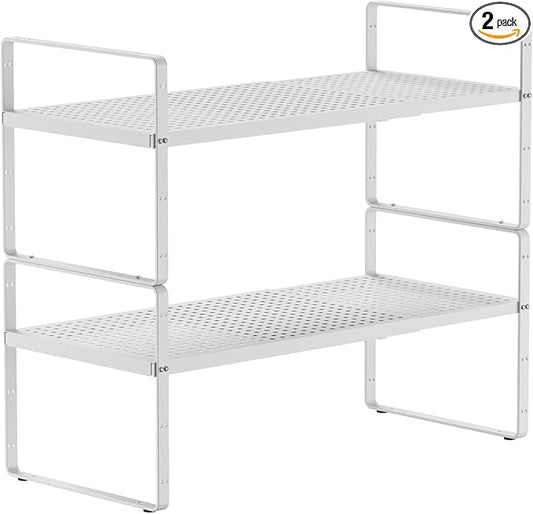 2Pack Expandable Cabinet Countertop Shelves 16.5-27’’L, Adjustable Metal Spice Rack Organizer, Stackable Kitchen Counter Storage Shelves Organizers for Cabinet Organization, White-NeatNest