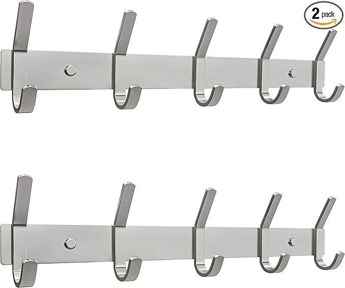 Coat Rack Wall Mount – Brushed Nickel 15 Inch Stainless Steel Hook Rail with 5 Heavy Duty Double Coat Hooks – Wall Mounted Coat Hanger for Entryway, Bathroom, Bedroom, Towel, Hat Organizer - 2 Pack-NeatNest