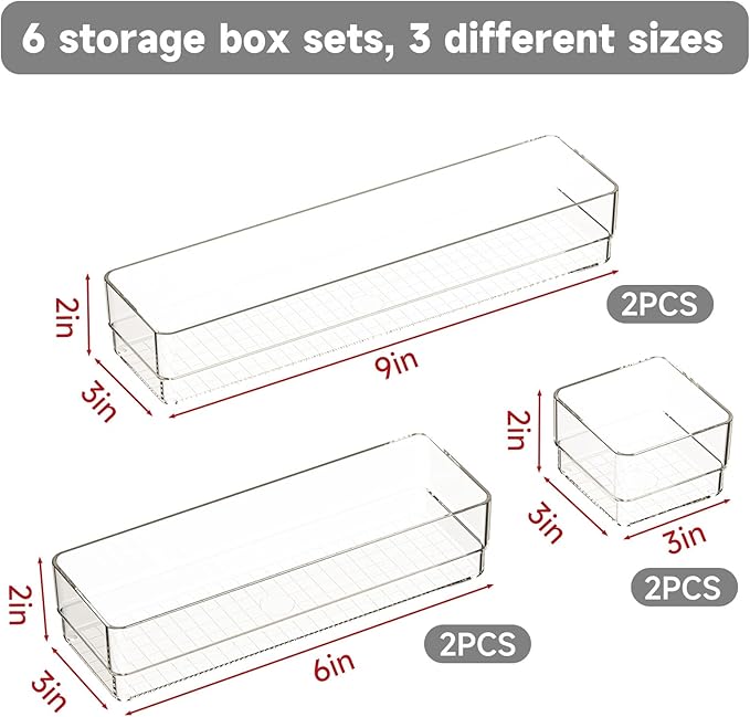 6 PCS Clear Plastic Drawer Organizer Set, 2 Sizes Acrylic Drawer Storage Trays Non Slip Storage Bins for Makeup, Jewelry, Gadgets for Kitchen, Bedroom, Bathroom, Office-NeatNest
