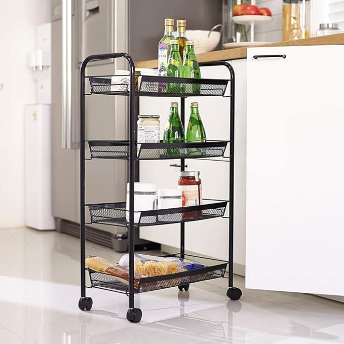 JANE EYRE Rolling Utility Storage Rack Cart on Wheels, Trolley Carft cart, Multi-Purpose Organizer Shelf (Black, 4 Tier)…-NeatNest