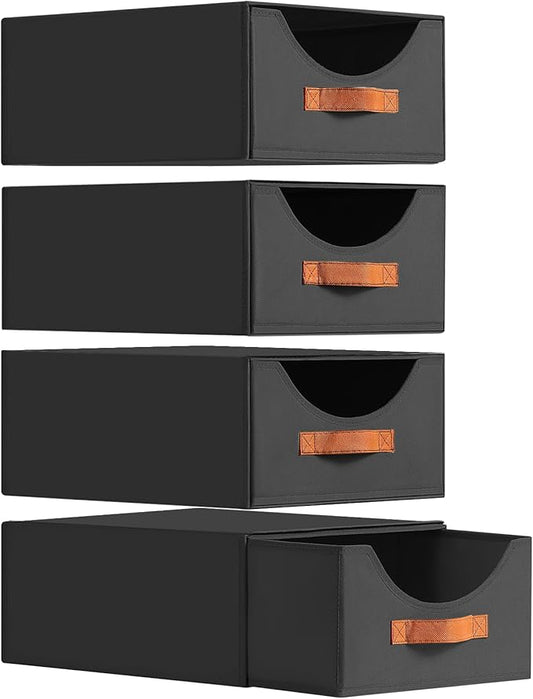 Closet Organizers and Storage - Large Stackable Storage Bins with Drawer, Fabric Bins for Organization, Collapsible Storage Drawers Organizer for Bedroom, Living Room, 4 Pack, Black-NeatNest
