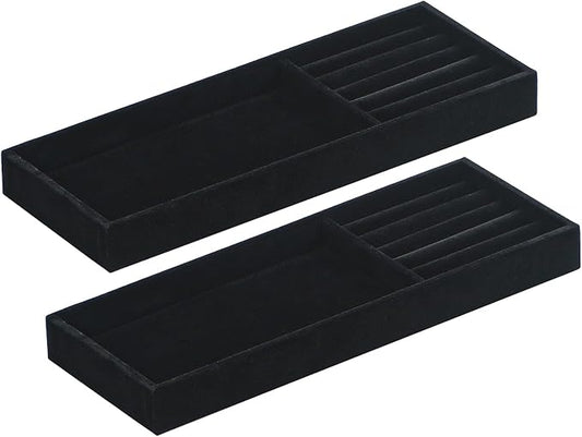 2Pcs Desk Drawer Storage Tray, Nightstand Organizer Tray, Necklace Bracelet Ring Earring Jewelry Display Tray, Grid Table Organizer Holder Tray for Sunglass, Phone, Watch, Perfume (2 grid)/Black-NeatNest