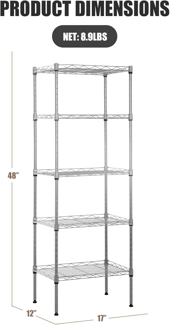 5-Tier Metal Shelving Unit Storage Shelves Metal Shelves 48"x17"x12" Heavy Duty Metal Storage Rack Wire Rack NSF Height Adjustable for Home Kitchen Bathroom Garage Shelving(Chrome)