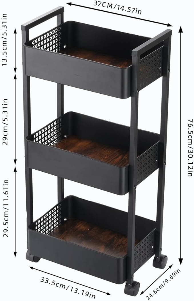 CHPHI 3 Tier Rolling Utility Cart Organizer, Stable and Sturdy Black Rolling Storage Carts with 2 Lockable Wheels,Perfect for Bathroom, Kitchen, Snack, Craft, Makeup, Baby Essentials